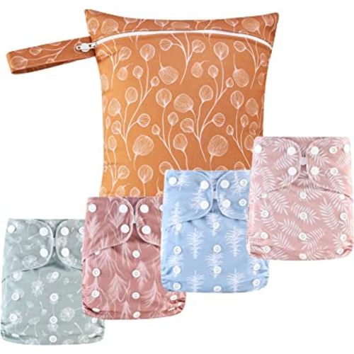 HappyFlute 9 Sets Newborn Baby Cloth Pocket Diapers One Size Adjustable Reusable for Baby Boys and Girls(6-33 pounds,0-3 Years),One Wet Bag+4Diapers and 4Inserts