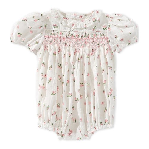 Petit Ami Baby Girls Short Sleeve Swiss Dot Smocked Floral Print Bubble