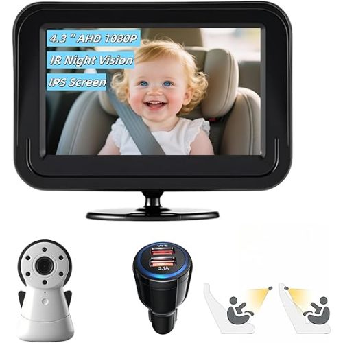 Baby Car Monitor, Back Seat Baby Car Camera with 4.3" HD Night Vision Function Display, USB Plug and Play, Backseat Camera Rear Facing with Wide View, Easily Install to Observe The Baby’s Move 1080p