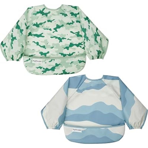 Tiny Twinkle Long Sleeve Bib for Babies&Toddlers|2-Pack Waterproof Smock Bib for Eating|Machine Washable&Mess-Proof Feeding Essentials|Newborn Shower Gift(Camo,Explorer,6-24M)