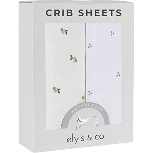 Ely's & Co. Patent Pending Waterproof Crib Sheets, 100% Cotton with Waterproof Lining - Built in Crib Mattress Protector, 2 Pack Fitted Toddler Sheet Set, Berry and Cluster Dot (Sage) 28” x 52”