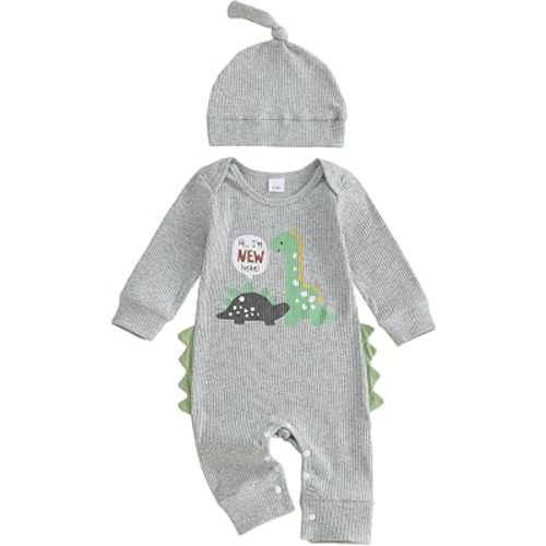 Newborn Baby Boy Fall Outfit Romper Hi I'm New Here Dinosaur Print Long Sleeve Jumpsuit Bodysuit Cute Infant Clothes