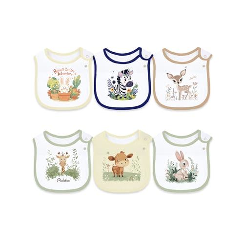 Maiwa 6 Pack Cotton Baby Bibs for Girls Boys with Waterproof layer for Drooling Eating teething with Snaps