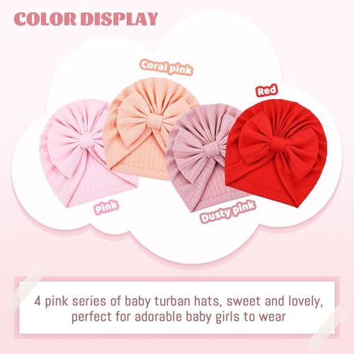 Cinaci 4 Pieces Baby Girls Turban Hats with Bow Newborn Hospital Caps Bonnets Beanies Headwraps for Infants Toddlers