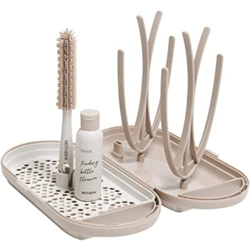 MOTHER-K Travel Baby Bottle Drying Rack Set, Including Bottle Brush and Travel Bottle, for Working Mom or Camping with Baby (Cream Mocha)