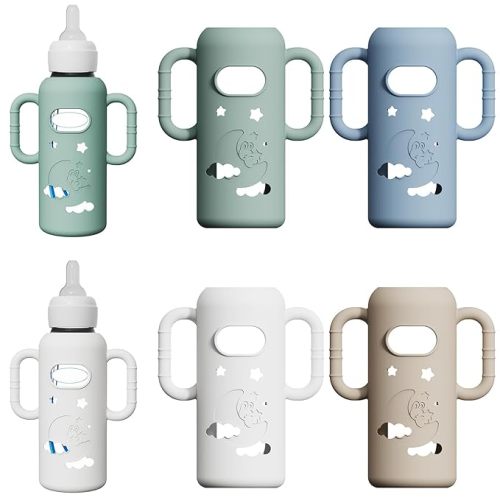 4 Pack Silicone Sleeves for Dr Brown's Glass Bottles, Drop Protection Bottle Sleeves with Handles, Anti Breakage Baby Bottle Protector Compatible with Dr. Brown's Newborn Glass Bottles,8 oz
