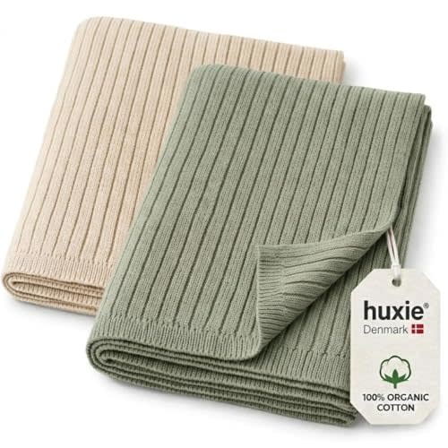 100% Organic Cotton Knit Receiving Baby Girl Blanket for Newborns - Soft, Breathable Swaddle Blanket for Crib & Stroller - Nursery Gift 2-Pack (Ribbed Fog/Roman Green)