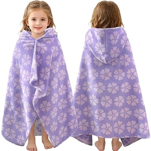 VOOVA & MOVAS Toddler Hooded Bath Towel, 25''X40 (0-3T), Soft | Thick | 100% Cotton | Absorbent Hooded Towel Wrap for Girl, Perfect for Beach, Pool, Bath, Swimming,Purple Flower