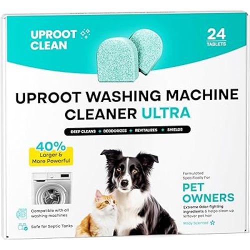 Uproot Clean Washing Machine Cleaner Tablets Ultra - 40% Stronger Formula: Designed for Pet Owners, Remove Residue, Grime & Odors, Compatible with HE, Top & Front Load, 24 Pack - 12 Month Supply