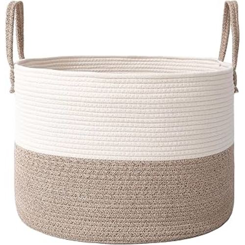 65L Extra Large Blanket Basket for Living Room - Woven Cotton Rope Laundry Hamper with Reinforced Handles - Storage Bin for Pillows, Comforters & Toys - Machine Washable,White&Brown