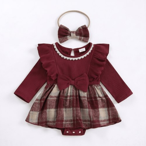 Burgundy Plaid Dress with Headband