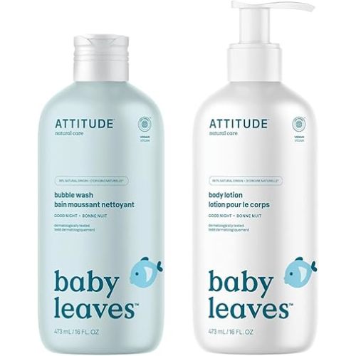 Bundle of ATTITUDE Bubble Body Wash for Baby and Body Lotion for Baby, EWG Verified, Dermatologically Tested, Plant and Mineral-Based, Vegan, Good Night, 16 Fl Oz