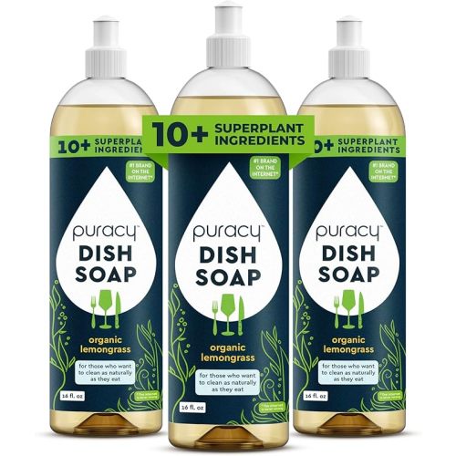 Puracy Natural Dish Soap Packs- Skin-Softening Plant-Based Dishwashing Soap, Non-Toxic Dish Soap, Organic Liquid Dishwashing Detergent Soap (Green Tea & Lime, 16 fl oz, 3 Pack)