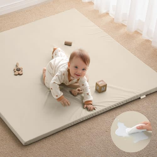 Blissful Diary Vegan Leather Baby Play Mat, 47x47 Thick Foam Cushioned & Waterproof Playpen Mat for Infants and Toddlers, Stylish and Just Wipe-Clean Playmat for Baby Play on Floor, Beige