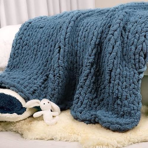 Carriediosa Chunky Knit Throw Blanket 50" X 60", 100% Hand Made Large Chenille Loop Yarn Soft Fluffy Throws for Couch Sofa Bed, Big Crochet Cozy Heavy Thick Cable Woven Blanket, Lyons Blue