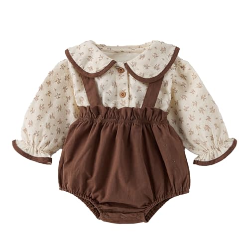 2-Piece Baby Girl Outfit - Long-Sleeve Peter Pan Collar Top & Suspender Romper for Outdoor Wear