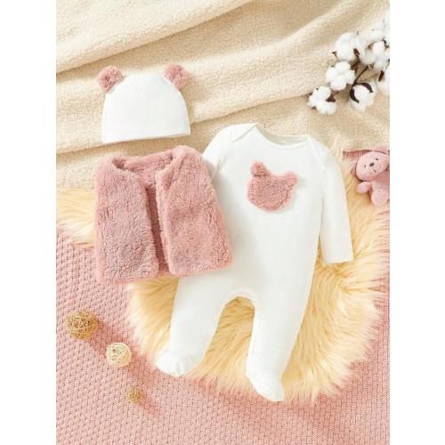 SHEIN Baby Girl 3pcs Fleece Vest Set With Cute Embroidered Bear, Ideal For Home/Outwear | SHEIN