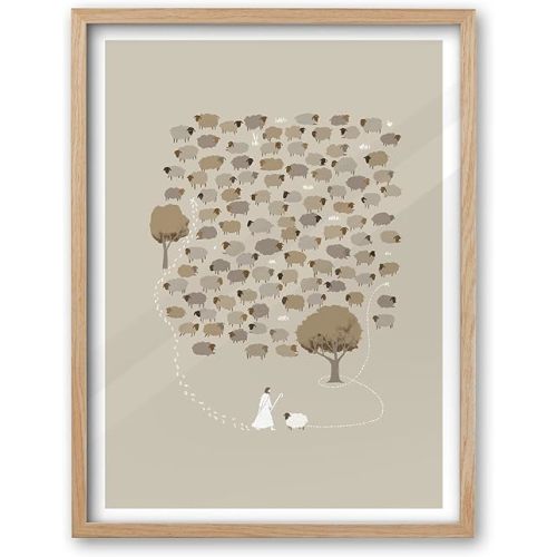 Oak Wood God Framed Wall Art, Large 16x20 in Jesus Leaves The 99 Sheep Christian Bible Canvas Art, Modern Sketch Scripture Bedroom Decor, Beige Boho For Living Room Churches 1Pack