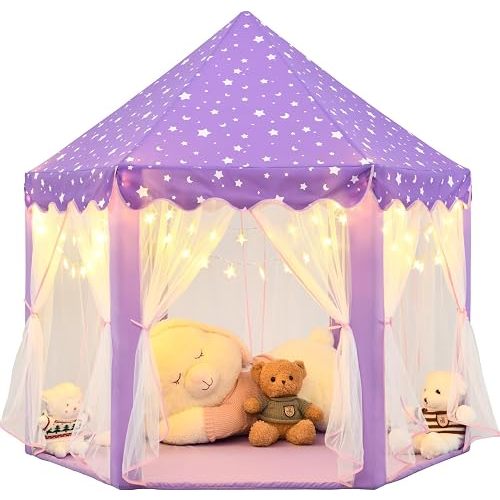 Purple Princess Tent for Girls, Kids Play Tent with LED Small Star Lights, Castle Playhouse Tent for Children Indoor Outdoor Games, 55×53 Inches
