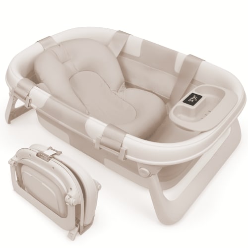 Jool Baby Fold ‘n Store Baby Bathtub with Built-In Thermometer, 3-Stage Collapsible Baby Bath Tub, Oatmeal