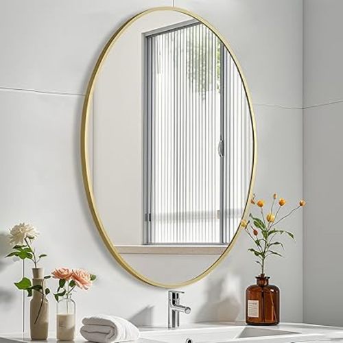 Gold Oval Mirror for Bathroom, 24x32 Inch Oval Bathroom Mirror with Brushed Metal Frame, Wall Mounted Decorative Vanity Mirror for Bathroom, Living Room, Entryway