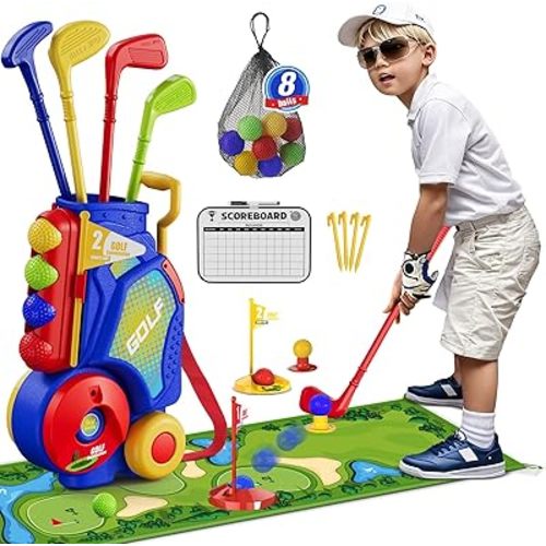 Toddler Golf Set 2-4 Years, Kids Golf Club with 8 Balls, 4 Plastic Clubs, Putting Mat, Scoreboard, Storage Bag, Indoor Outdoor Game with Golf Cart Sport Toy Gift for Baby Boys Girls Age 3-5, Blue