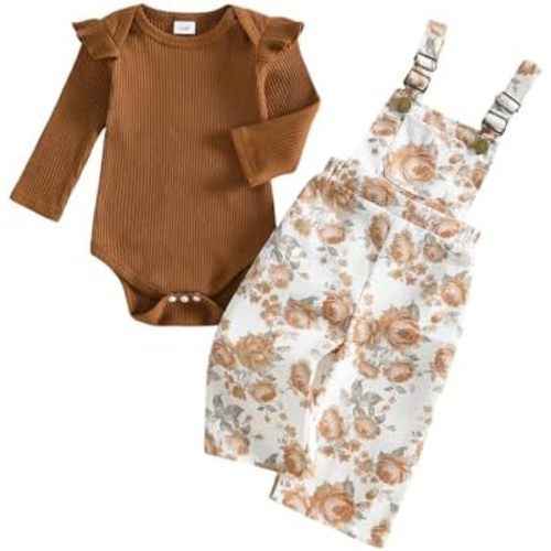Newborn Baby Girl Fall Outfits Ribbed Long Sleeve Rompers Suspender Overalls Pants Sets Infant 2Pcs Clothes