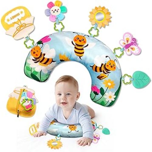 Bee Baby Tummy Time Pillow, Toddler Sensory Activity Toys, Newborn Tummy Time Pillow with Removable Sunflower Mirror, Butterflies, Honey Pot Zipper Pockets Toys for 0-6 Months Babies
