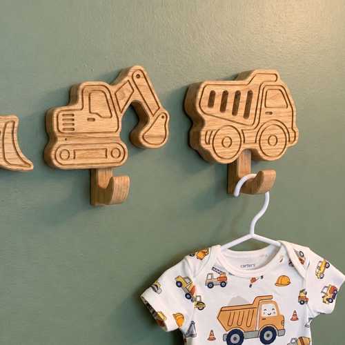 Construction Vehicle Wall Hooks | Excavator Dump Truck Boys Room Decor, Handmade Wood Kids Coat Hook, Construction Nursery