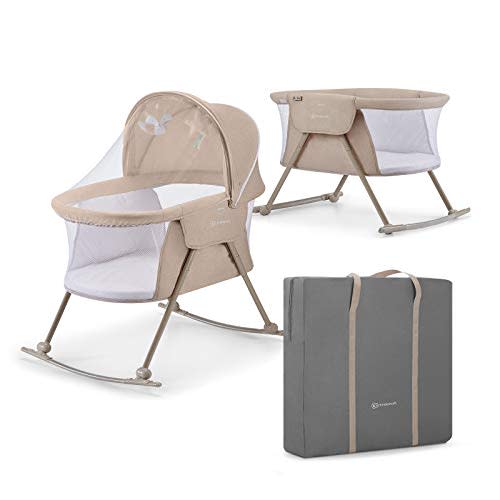 Kinderkraft LOVI Travel Bassinet for Baby, Beige | Portable Folding Baby Bed, Built-in Mosquito Net, Adjustable Hood, Additional Cradle Function