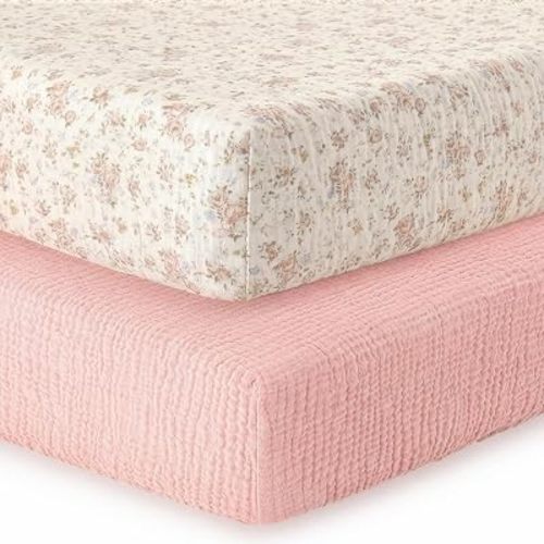 2 Pack Muslin Crib Sheets for Girl - Neutral Fitted Baby Crib Sheets for Standard Toddler Crib Mattress - 52” x 28” Soft Breathable Cotton Baby Bed Sheets - Dusty Pink & Floral