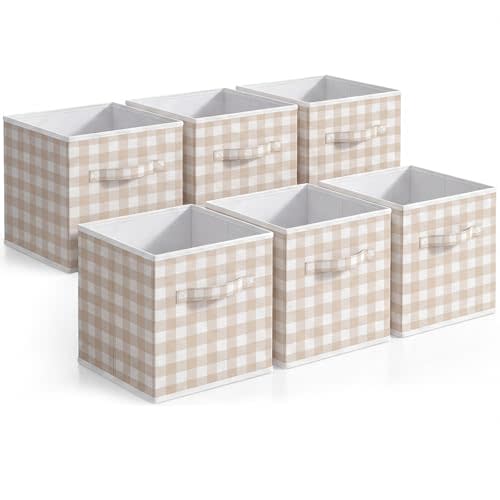 Yalikop 6 Pcs Beige Gingham Cube Storage Bins, 11 Inch Fabric Checkered Classroom Storage Bins Organizer with Handle Preppy Collapsible Cubby Basket for Classroom Home Nursery Playroom Bedroom