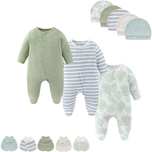 Baby Boy Girls Clothes 2-Way Zip Footed Long Sleeve 100% Cotton,Newborn Caps and Scratch Mittens Set 0-6 Months