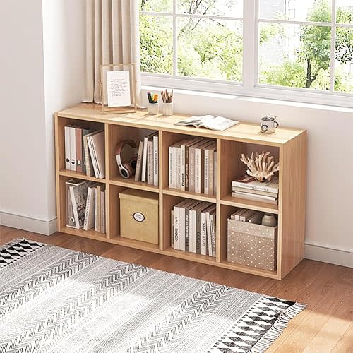 8 Cube Organizer Bookcase - Fabric Storage Bins Container, Open Shelf Simple Compartments Bookshelf, Oak