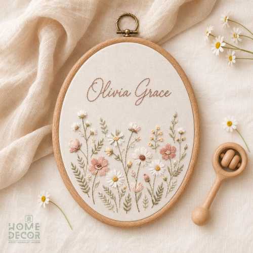 Custom Floral Baby Name Sign, Embroidered Nursery Wall Art, Personalized Oval Name Hoop, Baby Shower Gift for Girl, Newborn Hospital Sign