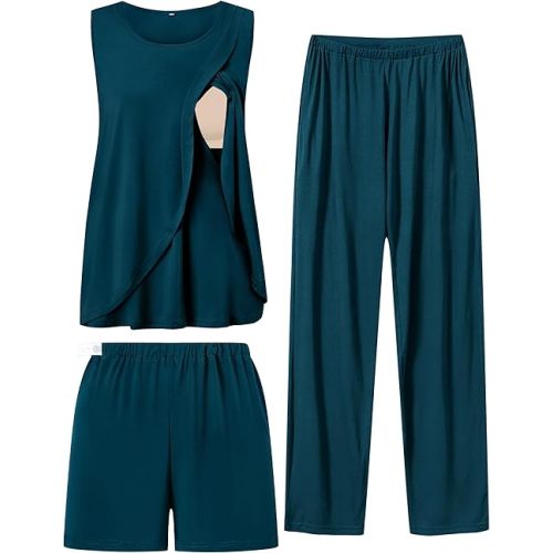 SWOMOG Women Maternity Pajama Set 3Pcs Nursing Pjs Sleeveless Pregnancy Set Breastfeeding Pjs Double Layer with Pockets