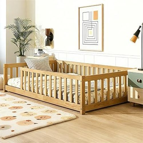 Bellemave Twin Floor Bed with Fence for Kids, Wooden Montessori Floor Bed Frame with Slats & Safety Guardrails, Low Twin Size Floor Beds for Girls Boys, No Box Spring Needed, Natural