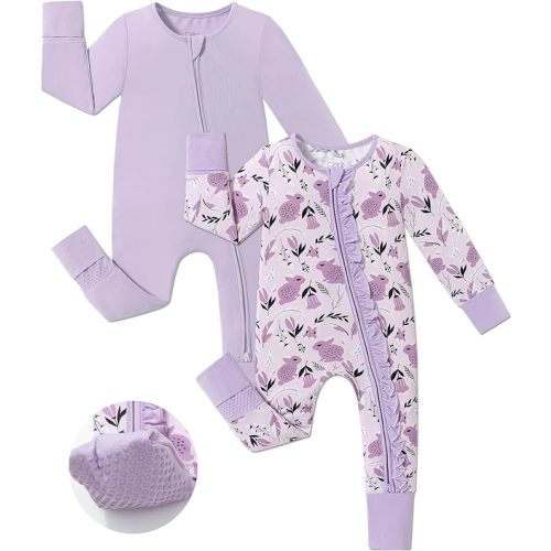 JunNeng Baby Girl Viscose from Bamboo Sleeper with Mitten Cuffs, 2 Way Zipper Romper, Sleep N' Play Pajamas 0-18 Months