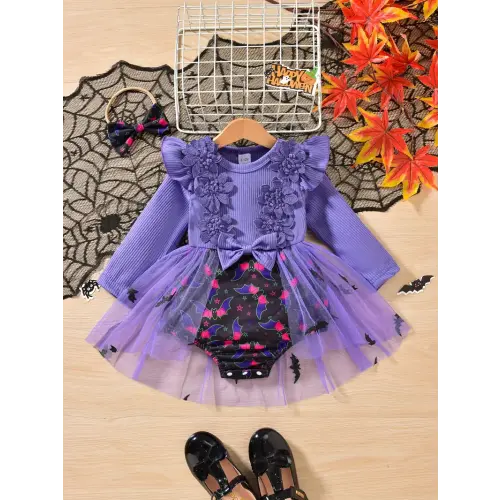 girls orange long sleeve ribbed knit bodysuit floral mesh - Temu