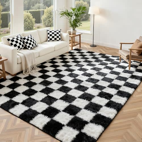 Andency 8x10 Ft Black and White Area Rug for Living Room Classic Checkered Shaggy Rug Non-Slip High Pile Soft Fluffy Rug Fuzzy Carpet Bedroom Kids Toddler Room Nursery Playroom, Cute Dorm Home Decor
