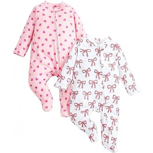 2 Pcs One-Piece Footed Jumpsuits - 2-Way Zipper, Soft & Durable Baby Sleepers for Boys Girls, Easy Care