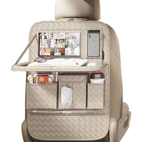 XDV Car Seat Organizers,Multi-functional Back Seat Protectors, Storage Pouches, and Tray Holders (for Cars, Kids, Seat Back and Rear Seats) (Woven Beige, 1 Pcs)