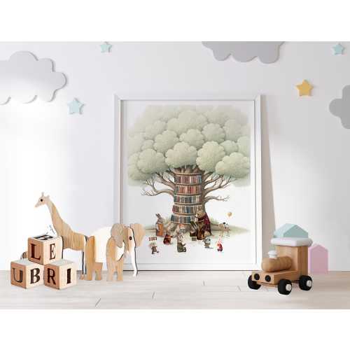 The tree library, Woodland Nursery Art Print, Neutral Decor, Children's picture,