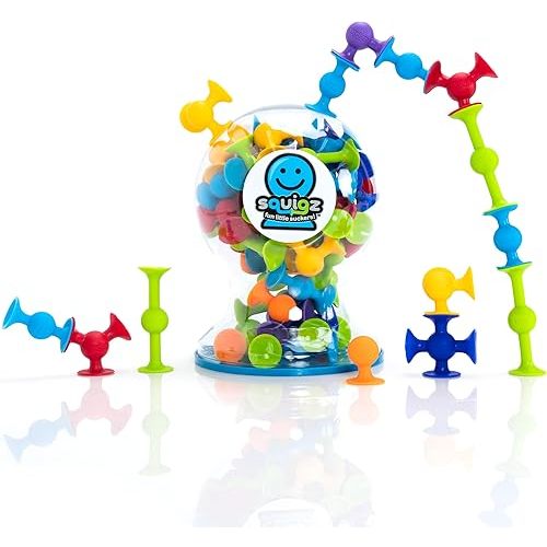 Fat Brain Toys Squigz Deluxe Set - 50-Piece Suction Construction Toys, Suction Bath Toys, Sensory Toys for Kids 3 and Up