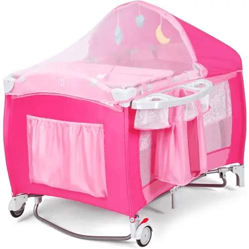 Costzon 4 in 1 Pink Pack and Play with Bassinet, Portable Baby Playard with Adjustable Canopy, Side Zipper Entrance, Music Box, Wheels/Brake, Foldable Infant Pink Bassinet for Baby Girl Toddlers
