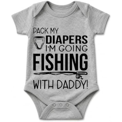 Pack My Diapers I'm Going Fishing With Daddy - Baby Bodysuit (6M, Grey) | Fishing baby bodysuit for lake days, fishing dads, outdoor families, showers and family photos