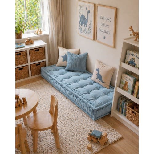 Custom Velvet Floor Cushion for Kids Room, Montessori Style Reading Nook Mat, Tufted Playroom Floor Pillow, Nursery Seat Cushion