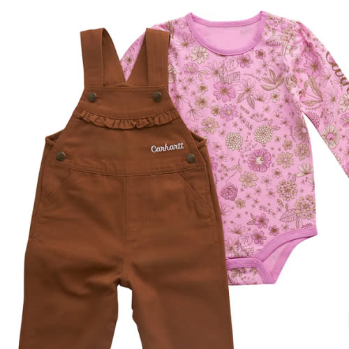 Girls' 2-Piece Long Sleeve Floral Bodysuit & Canvas Overall Set (Baby) | Fall Layering Clothing Essentials | Carhartt