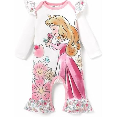 Disney Stitch Princess Minnie Winnie Marvel Baby Girls Ruffle Long Sleeve Romper Footie Outfit for Newborn to Toddler