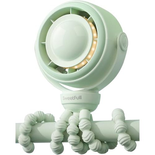 SWEETFULL Baby Stroller Fan - 4000mAh Rechargeable 4-Speed Quiet with LED Display & Night Light, Mini Portable 360 Clip On Safe Fan for Car Seat, Crib, Travel - Green